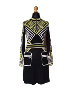 Karen Millen Dress Medium 1/4 Zip Boohoo Mod Style Geometric Lime White Black - Picture 1 of 16