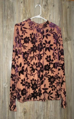 Easel Peach Purple Velvet Floral Brocade Long Slv Top Sz Large Fairy Whimsigoth - Image 1 of 4