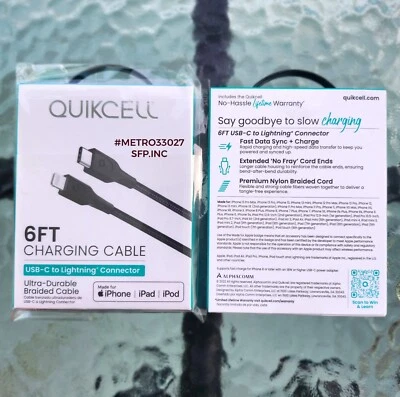 QUIKCELL 6ft FAST CHARGE CABLE APPLE USB-A BLACK(NEW IN RETAIL BOX(#METRO33027) - Image 1 of 4