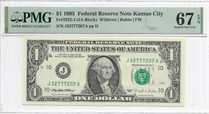 1995 $1 KANSAS CITY FRN. PMG Superb GEM Uncirculated 67 EPQ. J/A Block. FW Print - Picture 1 of 2