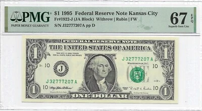 1995 $1 KANSAS CITY FRN. PMG Superb GEM Uncirculated 67 EPQ. J/A Block. FW Print - Image 1 of 2