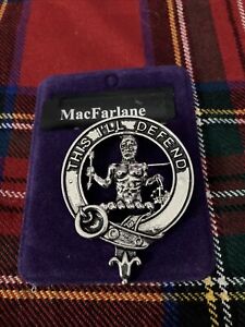 Scottish Clan MacFarlane Pin Brooch/Badge with motto. Pewter.