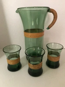 Kastrup Glass? Mid Century Rattan Wrapped Pitcher and 3 Glasses Read below - Picture 1 of 6