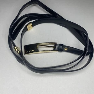 St. John Black Leather Gold Buckle Bar Double Loop Belt Made In Italy Size 12 - Picture 1 of 11