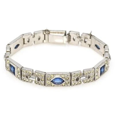 Antique Art Deco Silver Plated Blue Paste & Rhinestone Tennis Bracelet + Box - Image 1 of 4