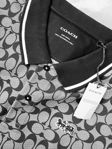 New $250 Limited Edition COACH Men's Logo Mesh Polo Shirt Sz Medium Blue - Picture 1 of 11