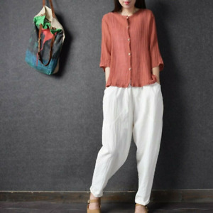 Womens Trousers Flax Loose Casual Pants Summer Elastic waist Solid Cotton Linen
