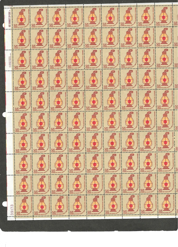 #1612 $5 AMERICANA "RAILROAD LANTERN" ISSUE PANE OF 100 MNH - Image 1 of 1