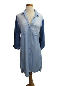 Cloth & Stone Dress Size Small 2 Tone Blue 3/4 Sleeves High Low Pockets Buttons - Picture 1 of 5