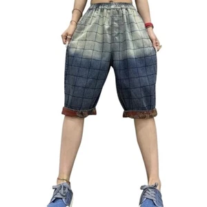 2024 Womens Fashion Plaid Denim Pants Loose Shorts Casual Jeans Classic Trousers - Picture 1 of 6