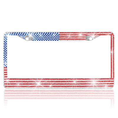 2X Marco de Placa Metal Bandera Americana Cristal Bling Estilo Ajuste Universal Foto 1 de 4