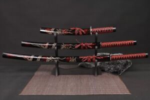 Red Engraved Dragon Japanese Samurai Katana Sword Set with Stand 3PC Set