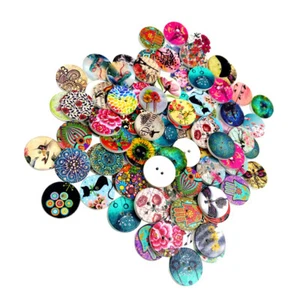 100pcs Mixed Round Pattern 2 Holes Wood Buttons Sewing Scrapbooking DIY 20mm - Picture 1 of 9