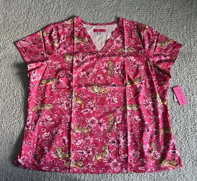 Blusa esfoliante Koi Betsey Johnson feminina 3X rosa bebê tigre floral enfermagem médica - Imagem 1 de 4