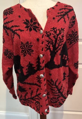 Northern Isles Medium Sweater Hand Knit Red Black Christmas Cardigan Need Repair - Image 1 of 4