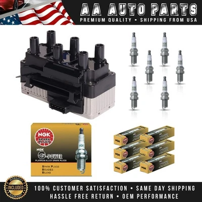 Ignition Coil & 6 NGK Platinum Spark Plug for 1995-1998 Volkswagen Golf 2.8L V6 - Image 1 of 4