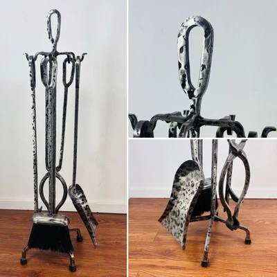 "Juego de chimenea de 28"" vintage - 5 piezas - hierro - plata / martillado" Foto 1 de 4