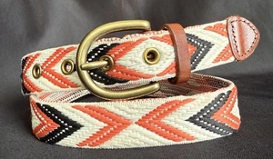 Women’s J.Crew Chevron Woven Hip Belt Brass Buckle Red Black Cream XS USA Made - Picture 1 of 9