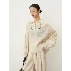 Hollow Loose Lapel Pullover Shirt Long Sleeve Design Women's Blouses Tops Ramie - Picture 1 of 14