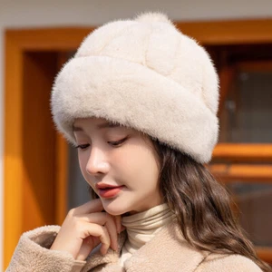 Women's Real Whole Pelt Mink Fur Hat Warm Bowler Hat Beanie Top Hat Outdoor Cap - Picture 1 of 12