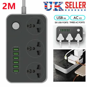 Electric Plug Socket Extension Lead with 6 USB Cable UK Mains Power 3 Gang Way - Picture 1 of 8