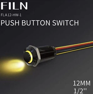 FILN 5PC 12mm 1/2'' Push Button Switch Momentary 12V 24V DC on-Off Yellow Light - Picture 1 of 4