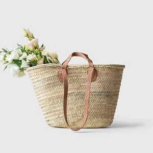 CESTA FRANCESA con asas planas dobles de cuero, bolso de playa, cesta de mercado - Imagen 1 de 8