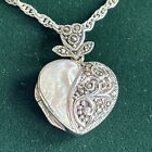 Sterling Silver & Mother Of Pearl Marcasite Heart Locket Pendant Necklace Boxed