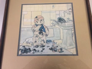 Teddy Bear with Football in Bathroom Print Framed and Matted Childs Room - Picture 1 of 7