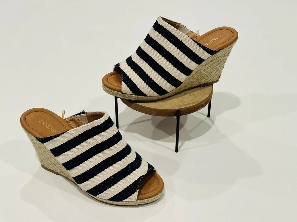 Lane Bryant Women’s Striped Fabric Espadrille Wedge Sandals Blue Beige Size 8 W - Image 1 of 4