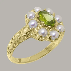 Solid 9k Yellow Gold Natural Peridot & Pearl Womens Cluster Ring - Sizes 4 to 12 - Picture 1 of 5