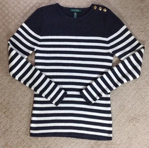 EUC Lauren Ralph Lauren Damenpullover anthrazitgrau und elfenbeinfarben gestreift gerippt - S - Bild 1 von 2