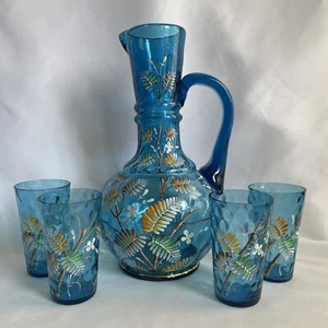 Antique Moser Bohemian Fern Blue Thumbprint Enamel Glass Pitcher & 4 Tumblers - Picture 1 of 20