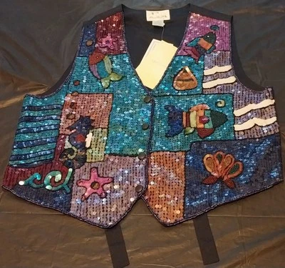 The Quaker Factory Size Medium Sequined Ocean Fish Vest NWT Sea Life QVC Style  - Image 1 of 4