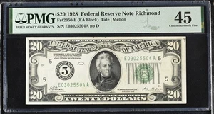 1928 $20 Dollar Federal Reserve Note Richmond FR#2050-E PMG 45 - Picture 1 of 2