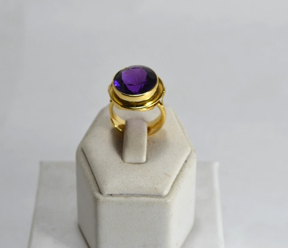 ANELLO IN ARGENTO 925 DORATO  AMETISTA IDROTERMALE TONDA REGOLABILE   AGNK 070 - Immagine 1 di 4