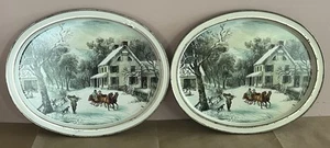 Vtg. Currier & Ives The American Homestead Winter Metal Serving Trays Set Of 2 - Picture 1 of 7