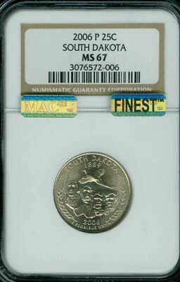 2006 P SOUTH DAKOTA QUARTER NGC MS67 MAC FINEST BUSINESS STRIKE SPOTLESS * - Image 1 of 2