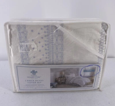 Simply Shabby Chic 2 Piece Twin Duvet Cover Set True White Blue Embroidered - Image 1 of 4