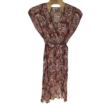 Vestido Rip Curl Talla Pequeña Marrón Marfil Floral Manga Corta Envolvente Cuello en V Maxi Boho Foto 1 de 4