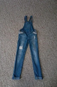 Distressed Denim Bib Overalls Girls Size 12 Lace Rip Jeans 1 Piece Justice - Picture 1 of 8