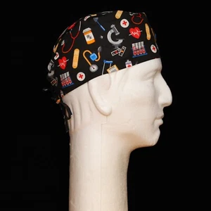 Medical Theme on Black Scrub Hat - Picture 1 of 1