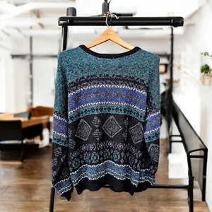 VTG 80s Unisex Nordic Geometric Sweater Small Grandpa Core Chunky  Black Teal - Picture 1 of 7