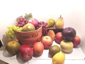 18 pcs. REALISTIC FAKE FRUIT with Harvest Basket Apples Pears Lemon Lime Grapes - Picture 1 of 4