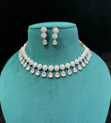 Rhodium-Plated Studded Intriguing Necklace With Earrings Jewellery Set For Girls - Image 1 of 3