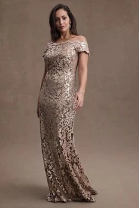 BHLDN Tadashi Shoji para mujer Odette dorado lentejuelas encaje al hombro 12 - Imagen 1 de 3