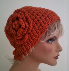 NEW HANDMADE TERRACOTTA FLOWER BEANIE CAP HAT HAND CROCHET BERET CAP CLOCHE - Picture 1 of 6