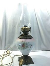 Mid century glass globe electric lamp, clear top hurricane style pink floral