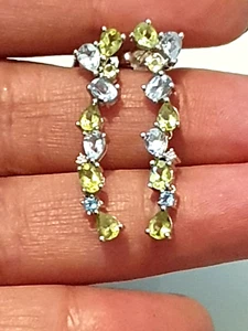 9ct White Gold Natural Aquamarine Diamond Peridot Long Dangle Earrings 375 - Picture 1 of 6