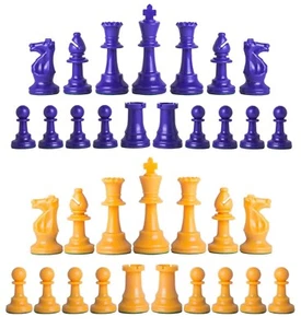 Staunton Single Weight Chess Pieces - Full Set 34 Royal Blue & Yellow - 4 Queens - Picture 1 of 3